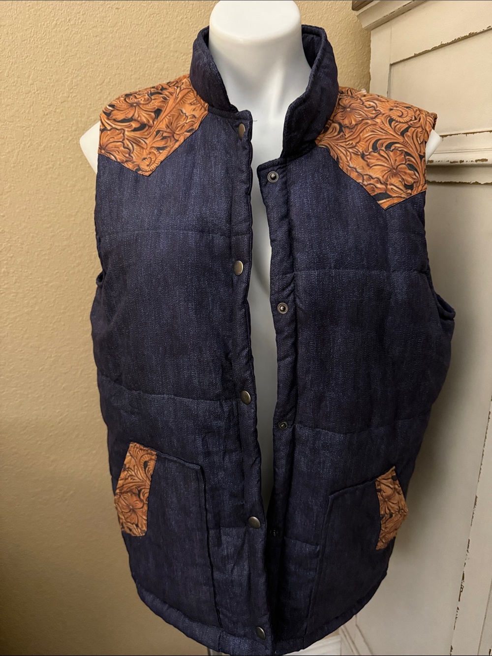 Crazy Train Navy Quilted Vest with Tan Floral-Embossed Accents